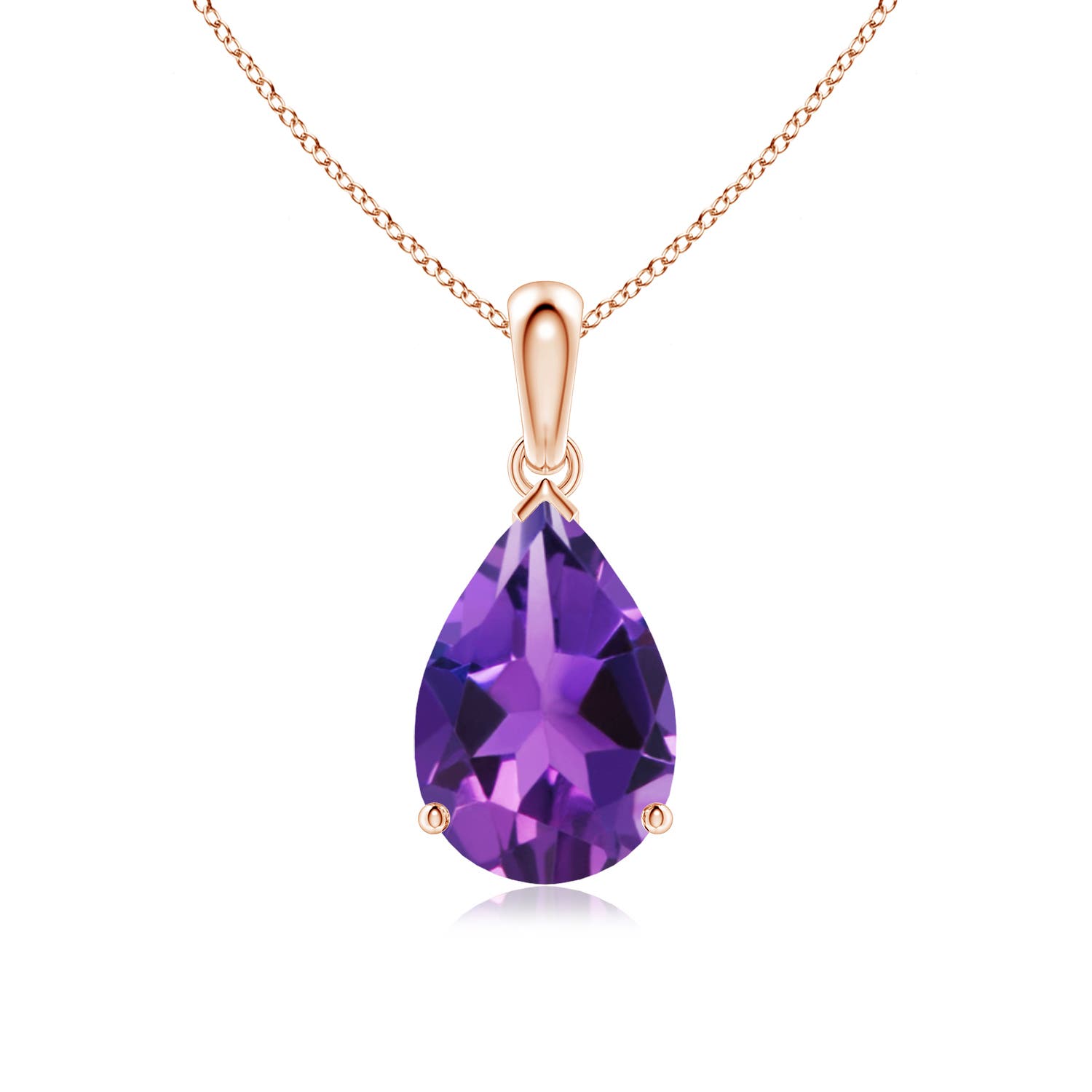 12x8mm AAAA Prong-Set Pear Amethyst Solitaire Pendant in Rose Gold