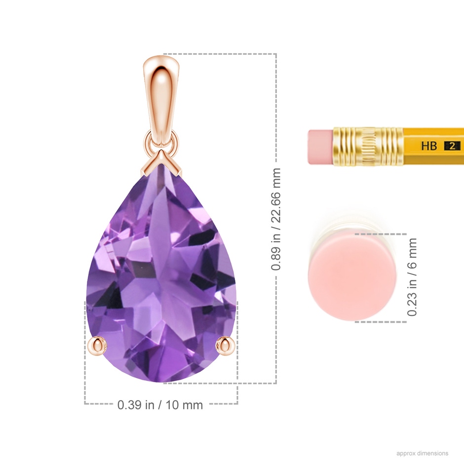 15x10mm AA Prong-Set Pear Amethyst Solitaire Pendant in Rose Gold ruler