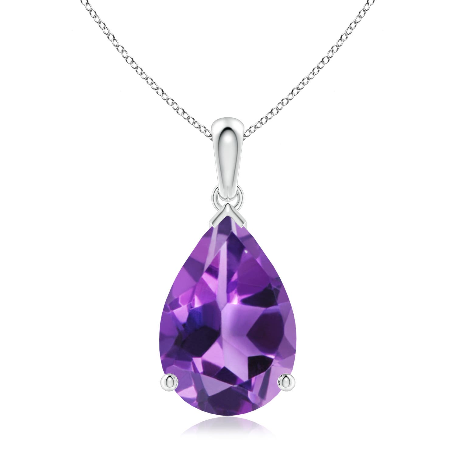 15x10mm AAA Prong-Set Pear Amethyst Solitaire Pendant in 18K White Gold