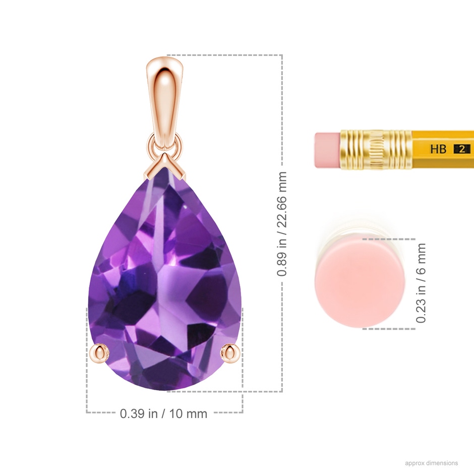 15x10mm AAA Prong-Set Pear Amethyst Solitaire Pendant in Rose Gold ruler