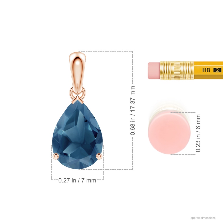 10x7mm A Prong-Set Pear London Blue Topaz Solitaire Pendant in Rose Gold ruler