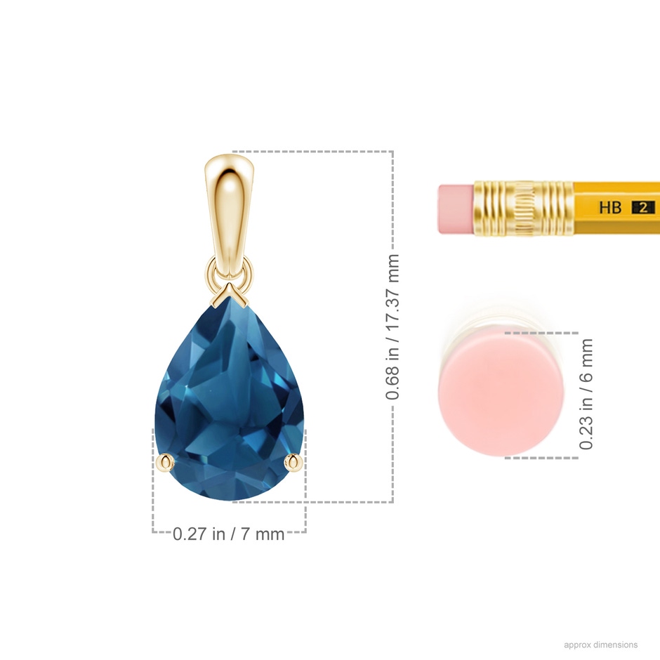 10x7mm AA Prong-Set Pear London Blue Topaz Solitaire Pendant in Yellow Gold ruler