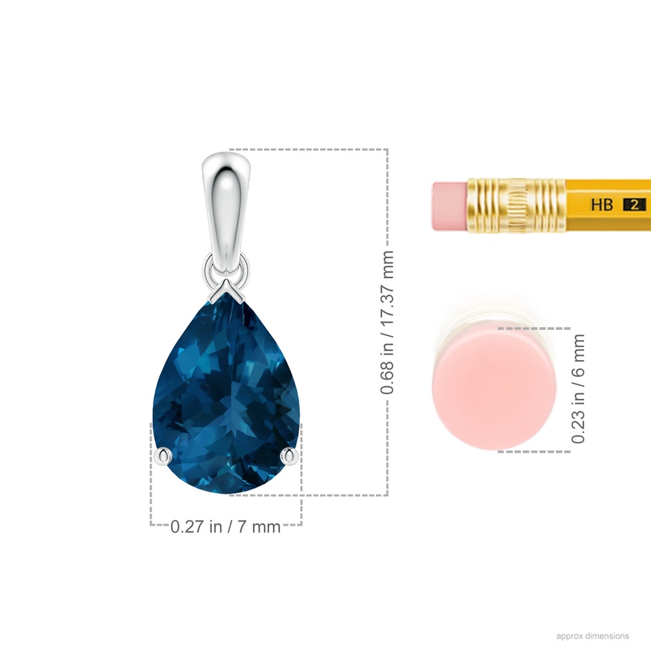 10x7mm AAA Prong-Set Pear London Blue Topaz Solitaire Pendant in White Gold ruler