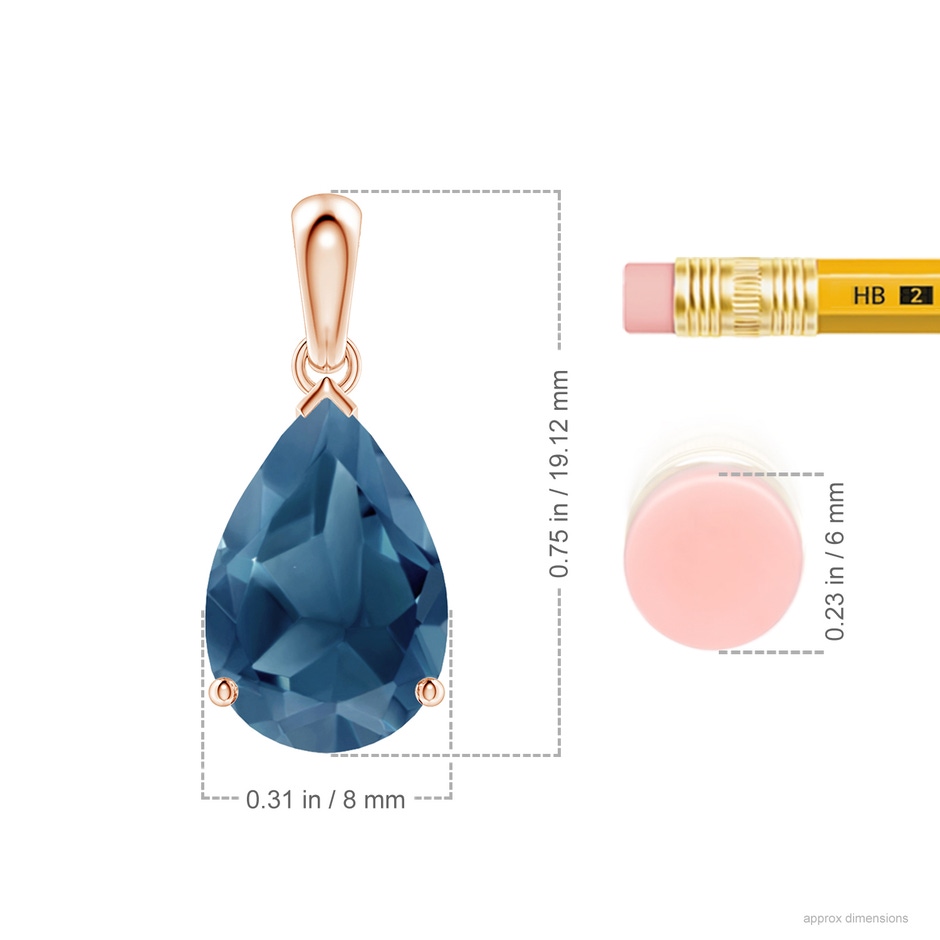 12x8mm A Prong-Set Pear London Blue Topaz Solitaire Pendant in Rose Gold ruler