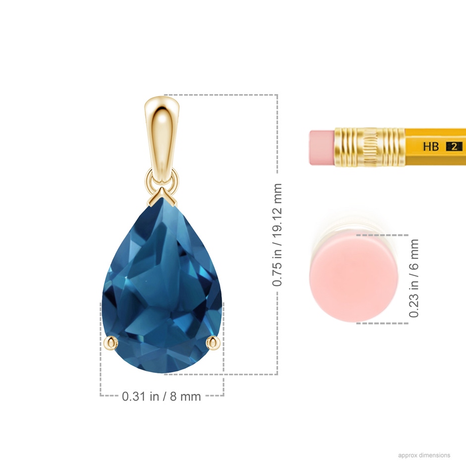 12x8mm AA Prong-Set Pear London Blue Topaz Solitaire Pendant in Yellow Gold ruler