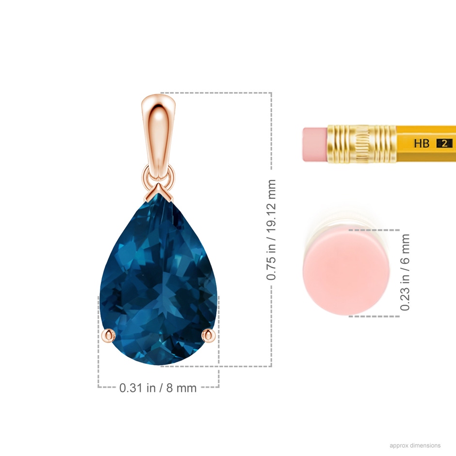 12x8mm AAA Prong-Set Pear London Blue Topaz Solitaire Pendant in Rose Gold ruler
