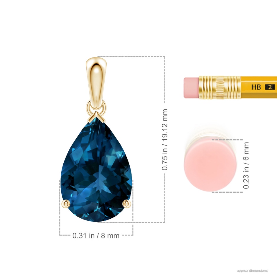 12x8mm AAAA Prong-Set Pear London Blue Topaz Solitaire Pendant in Yellow Gold ruler