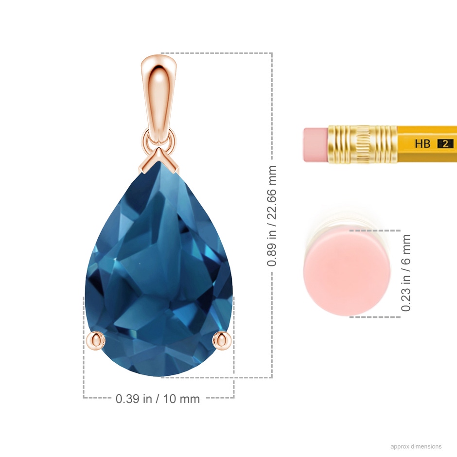 15x10mm AA Prong-Set Pear London Blue Topaz Solitaire Pendant in Rose Gold ruler