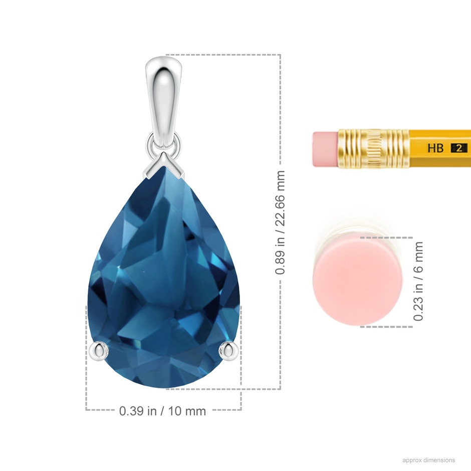 15x10mm AA Prong-Set Pear London Blue Topaz Solitaire Pendant in S999 Silver ruler