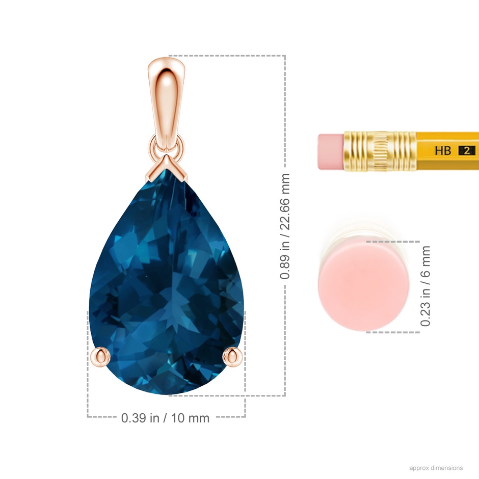 15x10mm AAA Prong-Set Pear London Blue Topaz Solitaire Pendant in 18K Rose Gold ruler