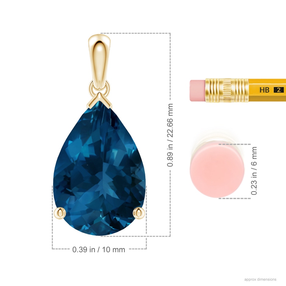 15x10mm AAA Prong-Set Pear London Blue Topaz Solitaire Pendant in Yellow Gold ruler