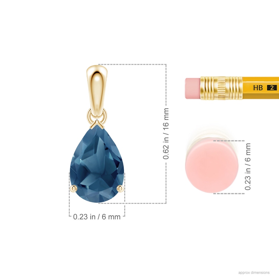 9x6mm A Prong-Set Pear London Blue Topaz Solitaire Pendant in Yellow Gold ruler