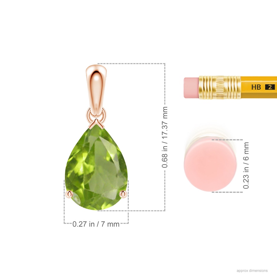 10x7mm AA Pear-Shaped Peridot Solitaire Pendant in Rose Gold ruler