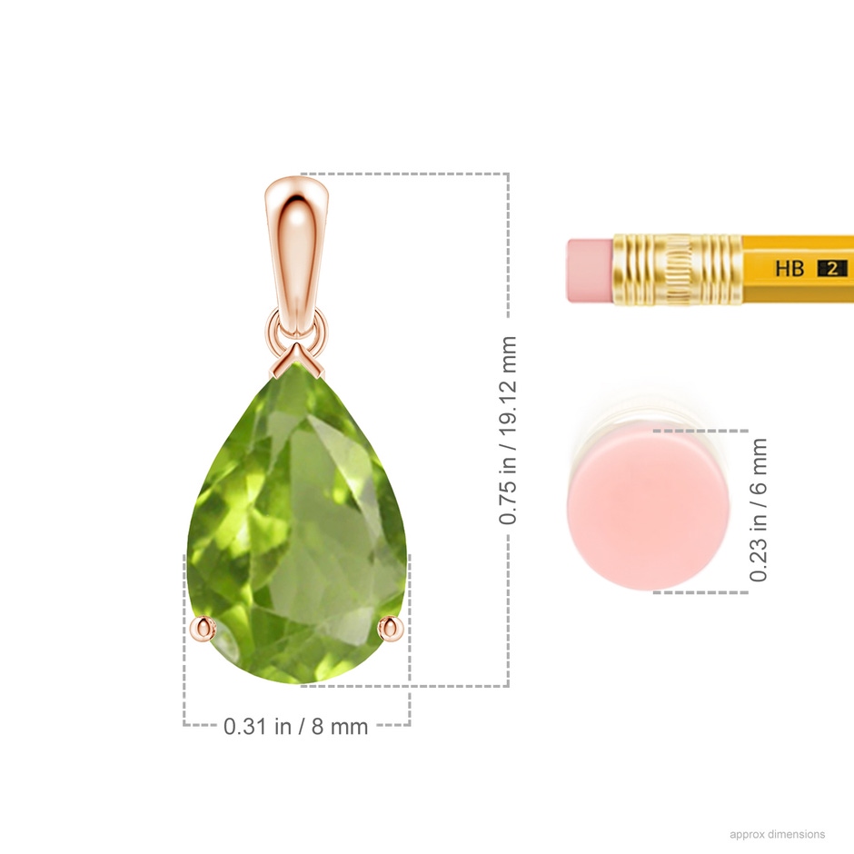 12x8mm AA Pear-Shaped Peridot Solitaire Pendant in Rose Gold ruler