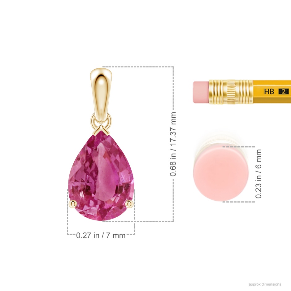 10x7mm AAAA Prong-Set Pear Pink Sapphire Solitaire Pendant in Yellow Gold ruler