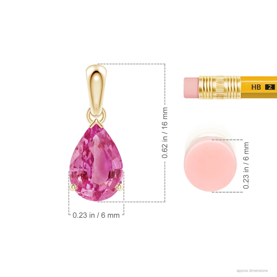 9x6mm AAA Prong-Set Pear Pink Sapphire Solitaire Pendant in Yellow Gold ruler