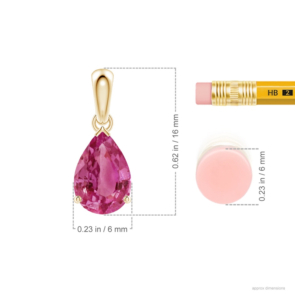 9x6mm AAAA Prong-Set Pear Pink Sapphire Solitaire Pendant in Yellow Gold ruler