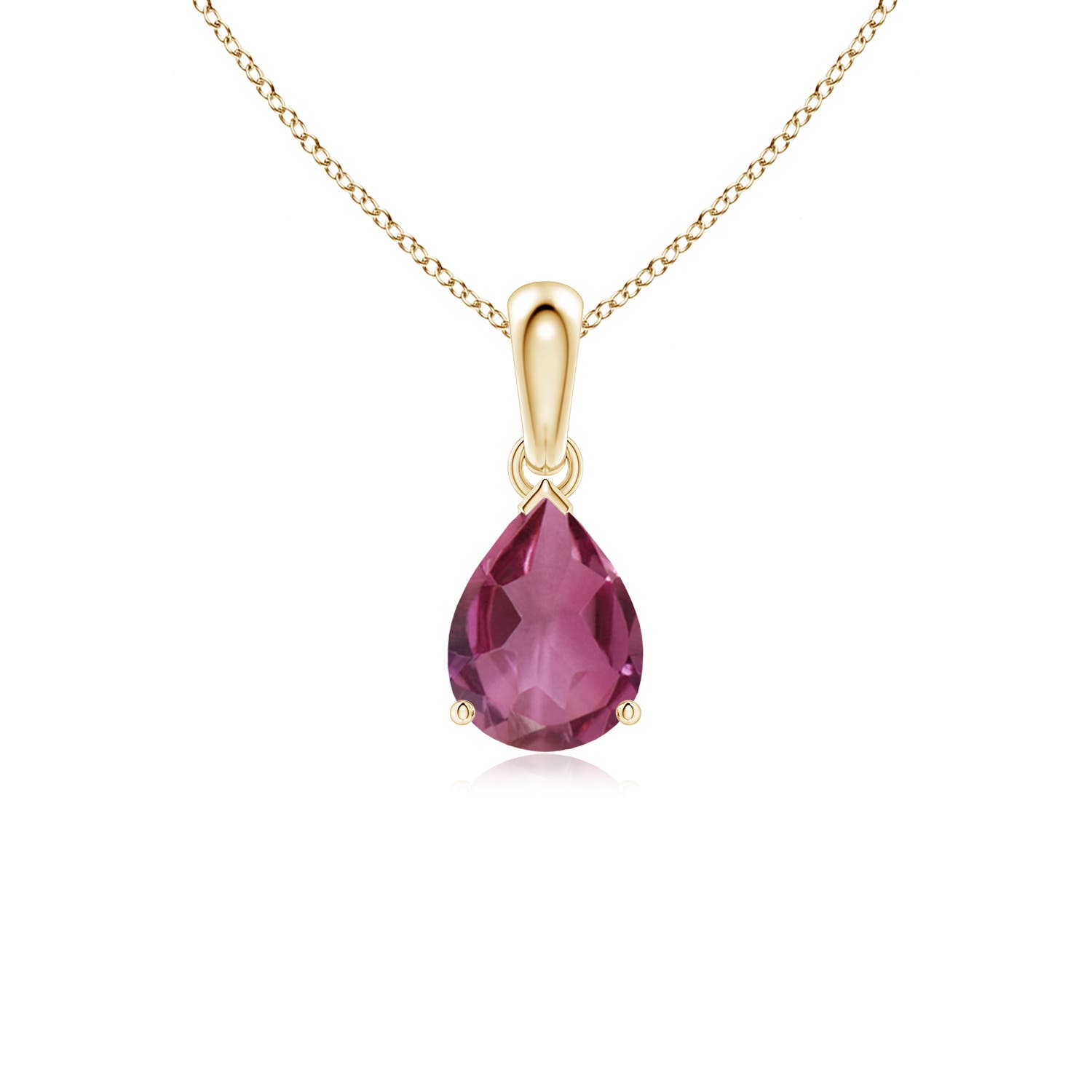 8x6mm AAAA Prong-Set Pear Pink Tourmaline Solitaire Pendant in Yellow Gold