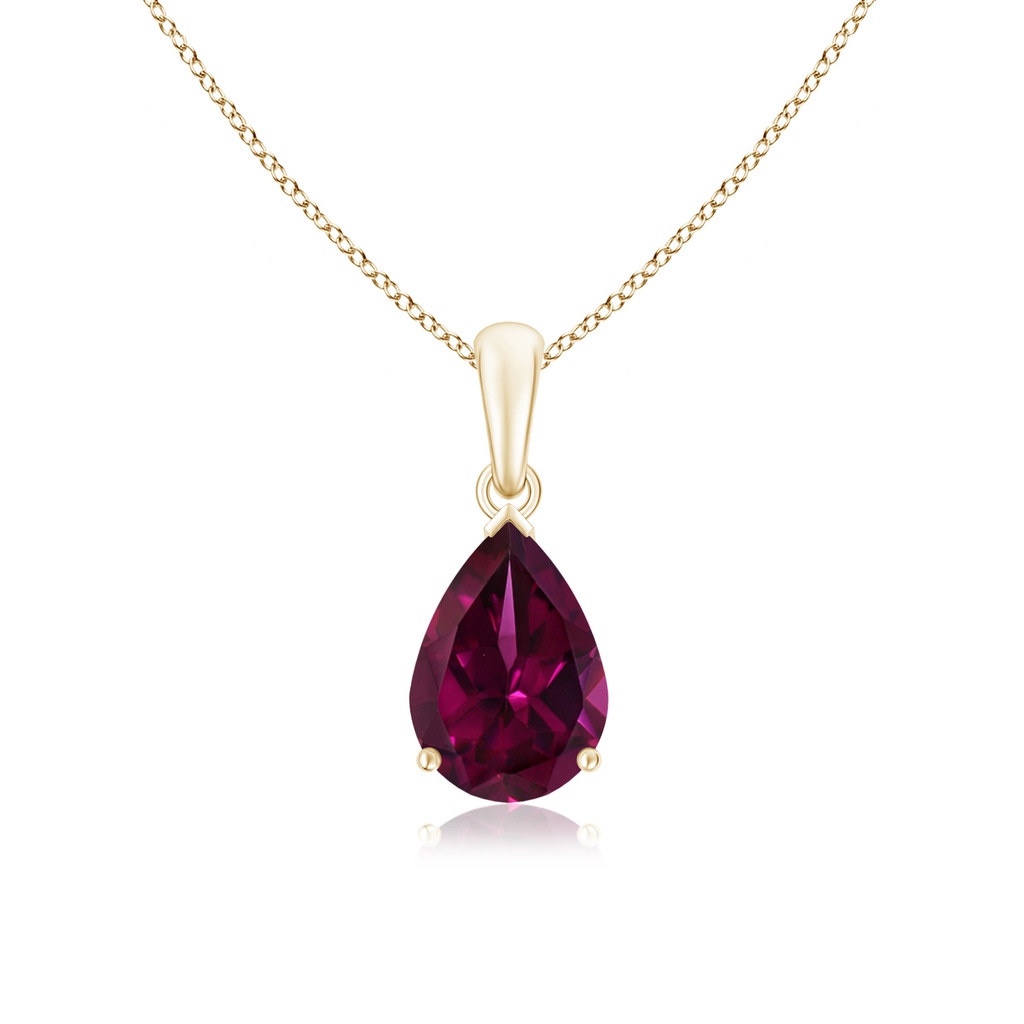 10x7mm AAAA Pear-Shaped Rhodolite Solitaire Pendant in Yellow Gold