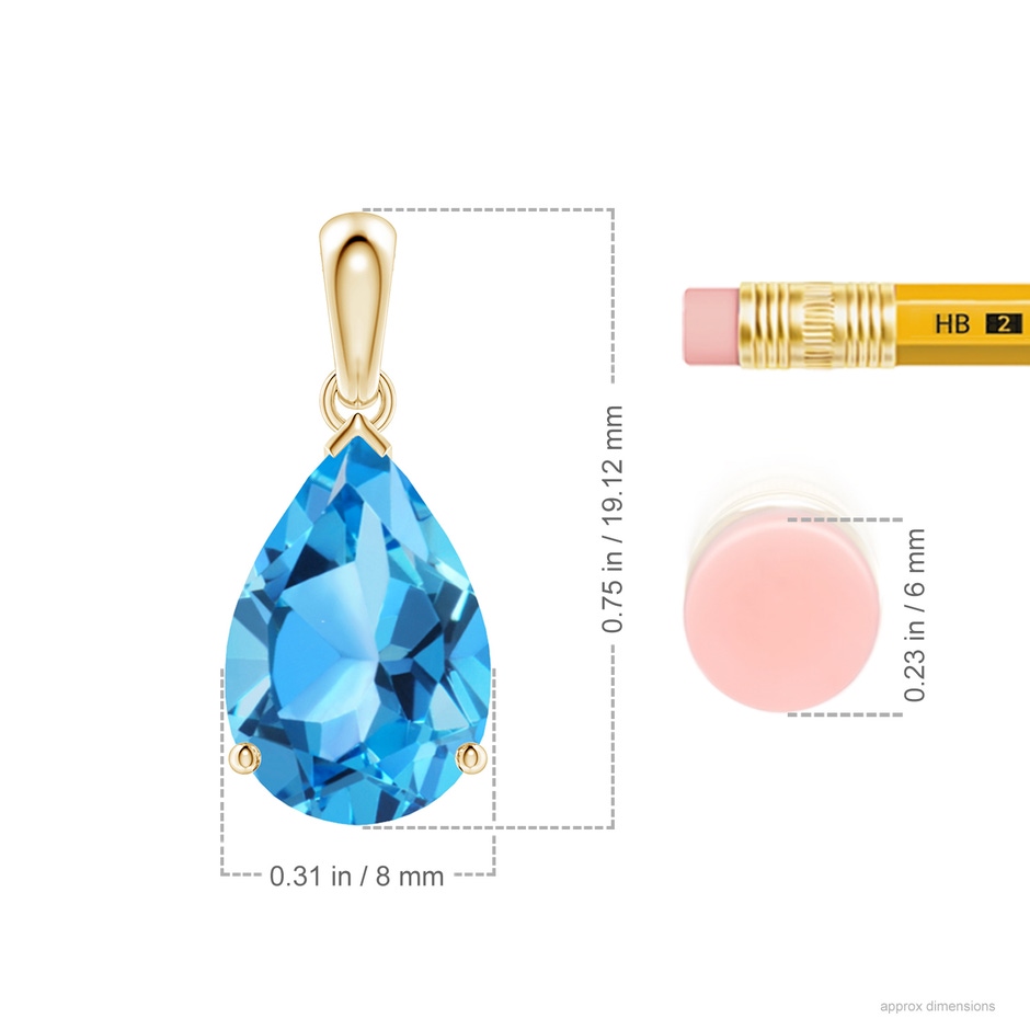 12x8mm AAA Pear-Shaped Swiss Blue Topaz Solitaire Pendant in Yellow Gold ruler