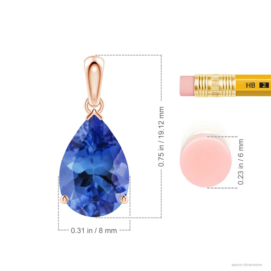 12x8mm AA Pear-Shaped Tanzanite Solitaire Pendant in Rose Gold ruler