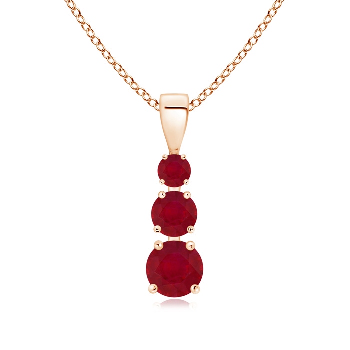 5mm AA Graduated Round Ruby Three Stone Pendant in Rose Gold 