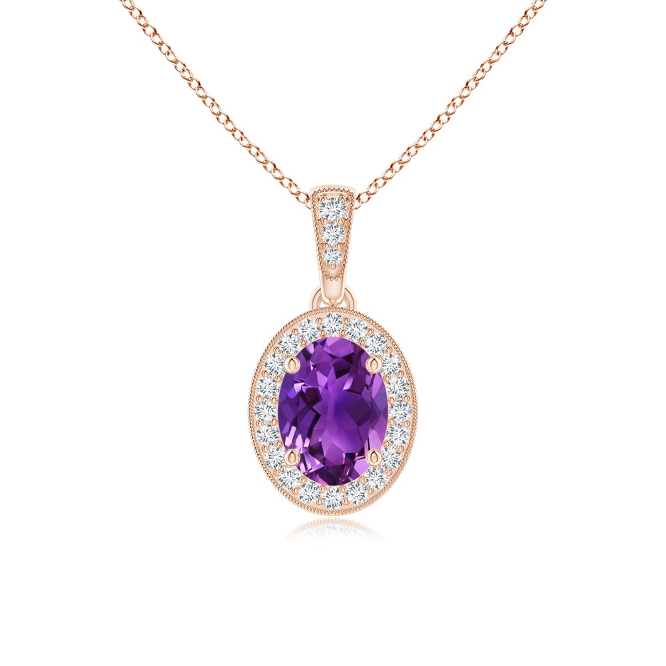 7x5mm AAAA Vintage Style Oval Amethyst Pendant with Diamond Halo in Rose Gold 