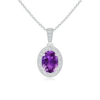 7x5mm AAAA Vintage Style Oval Amethyst Pendant with Diamond Halo in White Gold