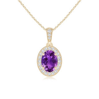 7x5mm AAAA Vintage Style Oval Amethyst Pendant with Diamond Halo in Yellow Gold