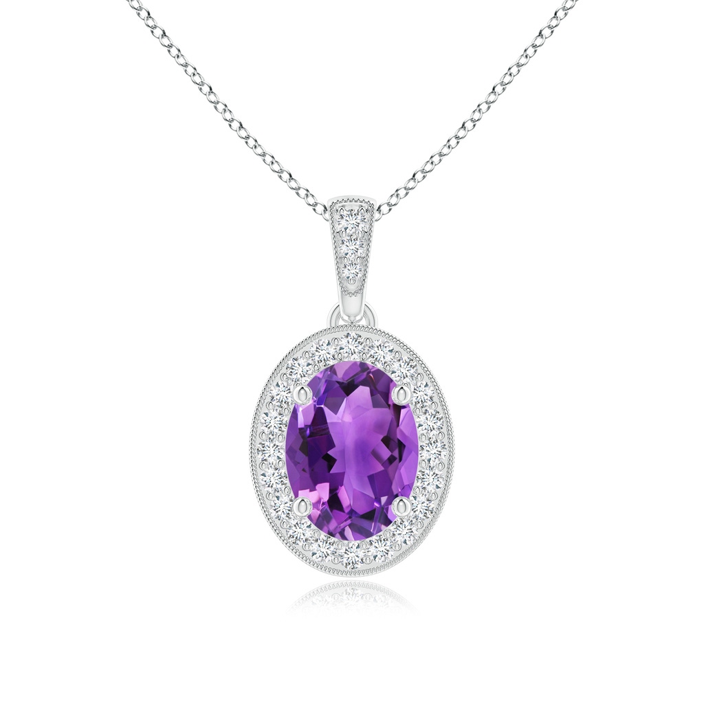 8x6mm AAA Vintage Style Oval Amethyst Pendant with Diamond Halo in White Gold