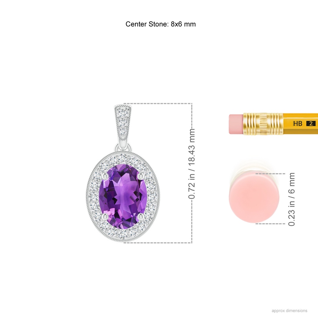 8x6mm AAA Vintage Style Oval Amethyst Pendant with Diamond Halo in White Gold Product Image