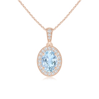 7x5mm AA Vintage Style Oval Aquamarine Pendant with Diamond Halo in Rose Gold