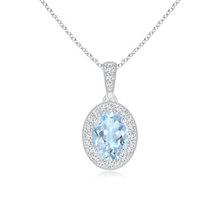 7x5mm AA Vintage Style Oval Aquamarine Pendant with Diamond Halo in White Gold