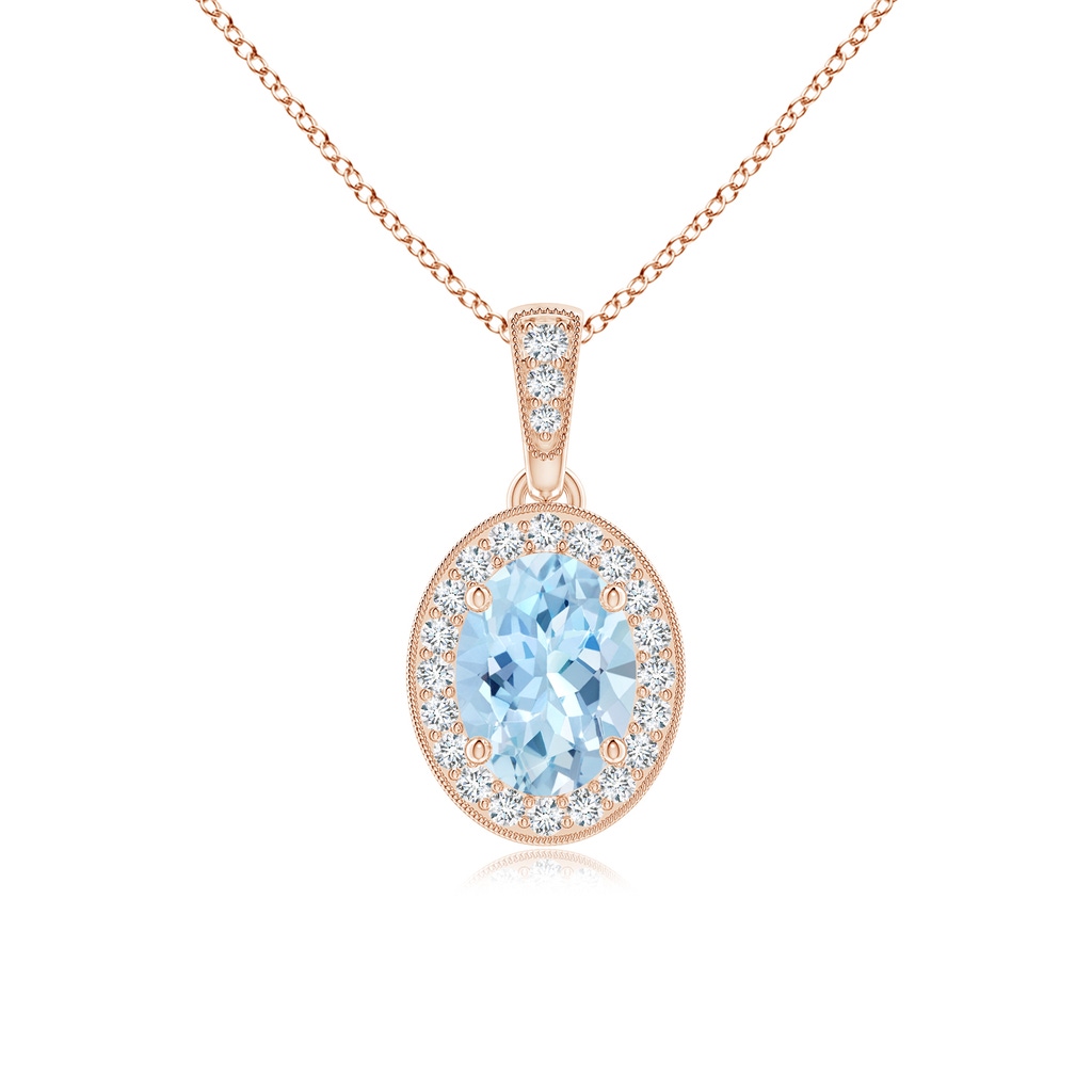 7x5mm AAA Vintage Style Oval Aquamarine Pendant with Diamond Halo in 10K Rose Gold 