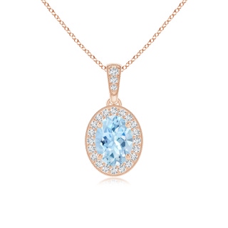 7x5mm AAA Vintage Style Oval Aquamarine Pendant with Diamond Halo in 10K Rose Gold