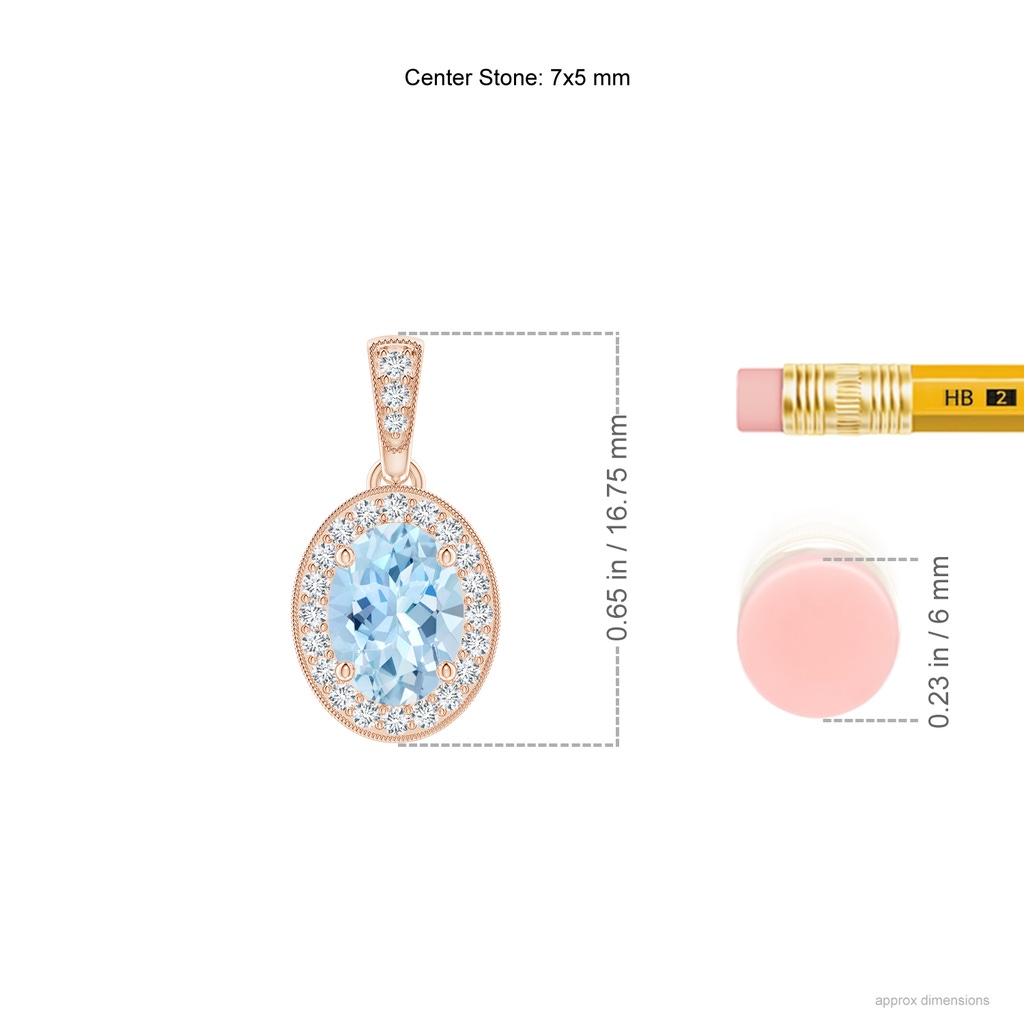 7x5mm AAA Vintage Style Oval Aquamarine Pendant with Diamond Halo in 10K Rose Gold ruler