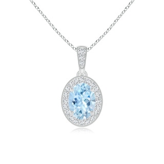 7x5mm AAA Vintage Style Oval Aquamarine Pendant with Diamond Halo in 9K White Gold