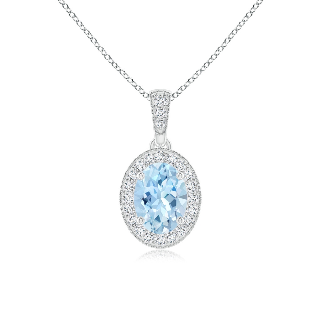 7x5mm AAA Vintage Style Oval Aquamarine Pendant with Diamond Halo in White Gold