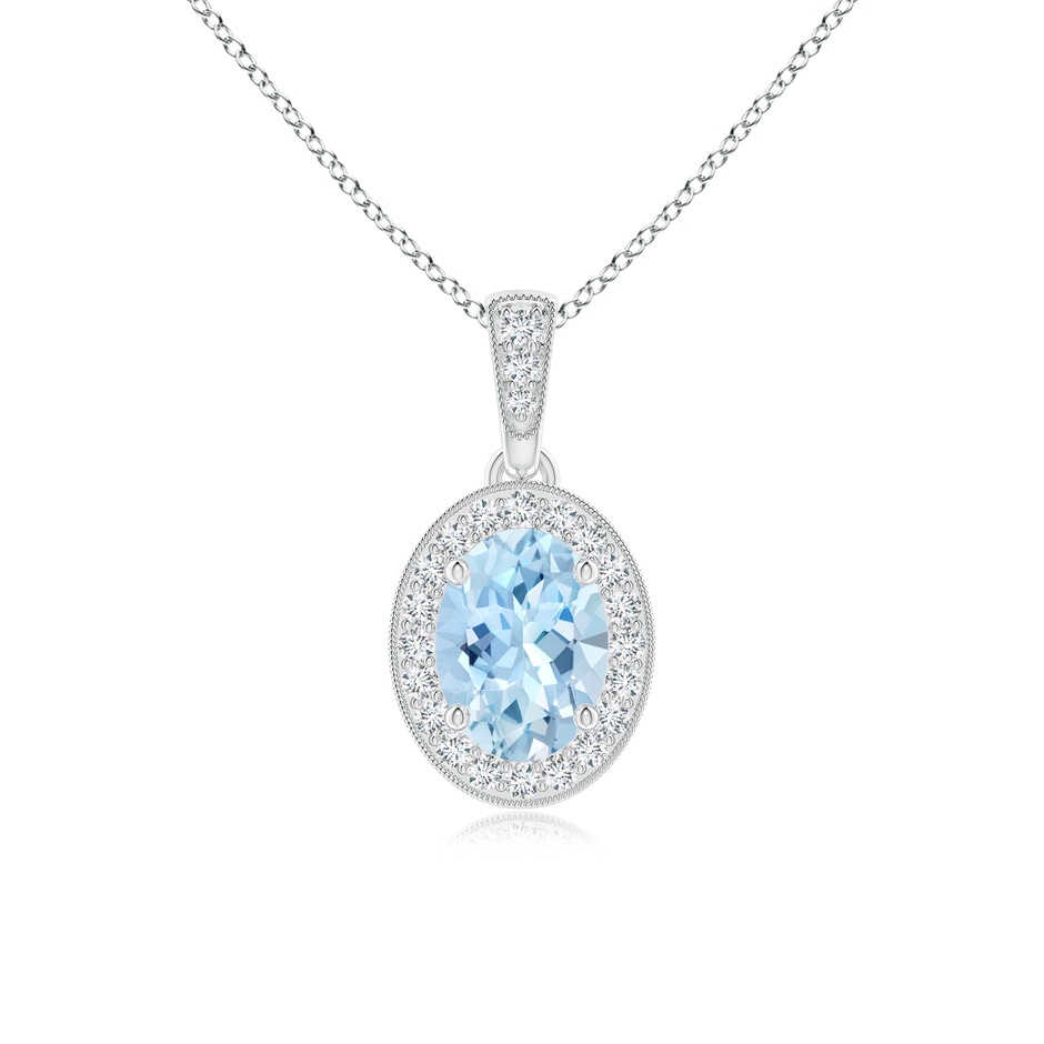 7x5mm AAA Vintage Style Oval Aquamarine Pendant with Diamond Halo in White Gold 