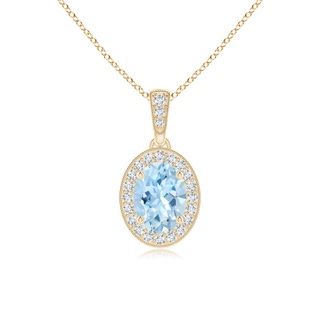 7x5mm AAA Vintage Style Oval Aquamarine Pendant with Diamond Halo in Yellow Gold