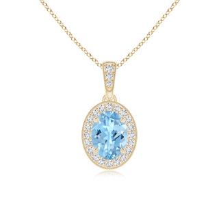 7x5mm AAAA Vintage Style Oval Aquamarine Pendant with Diamond Halo in 9K Yellow Gold