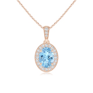 7x5mm AAAA Vintage Style Oval Aquamarine Pendant with Diamond Halo in Rose Gold