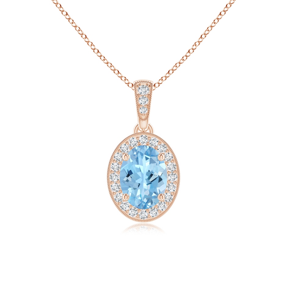 7x5mm AAAA Vintage Style Oval Aquamarine Pendant with Diamond Halo in Rose Gold 