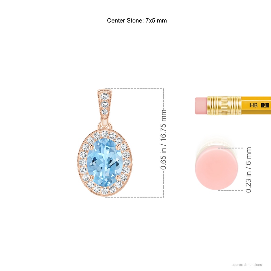 7x5mm AAAA Vintage Style Oval Aquamarine Pendant with Diamond Halo in Rose Gold ruler