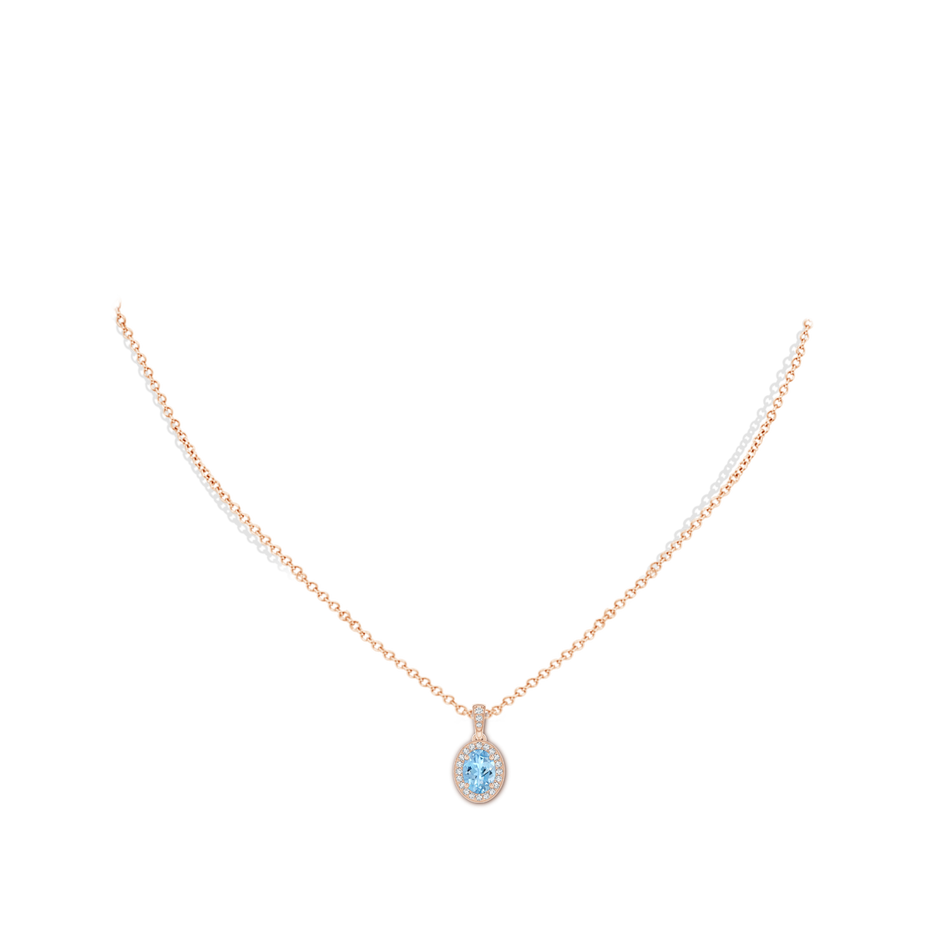 7x5mm AAAA Vintage Style Oval Aquamarine Pendant with Diamond Halo in Rose Gold pen