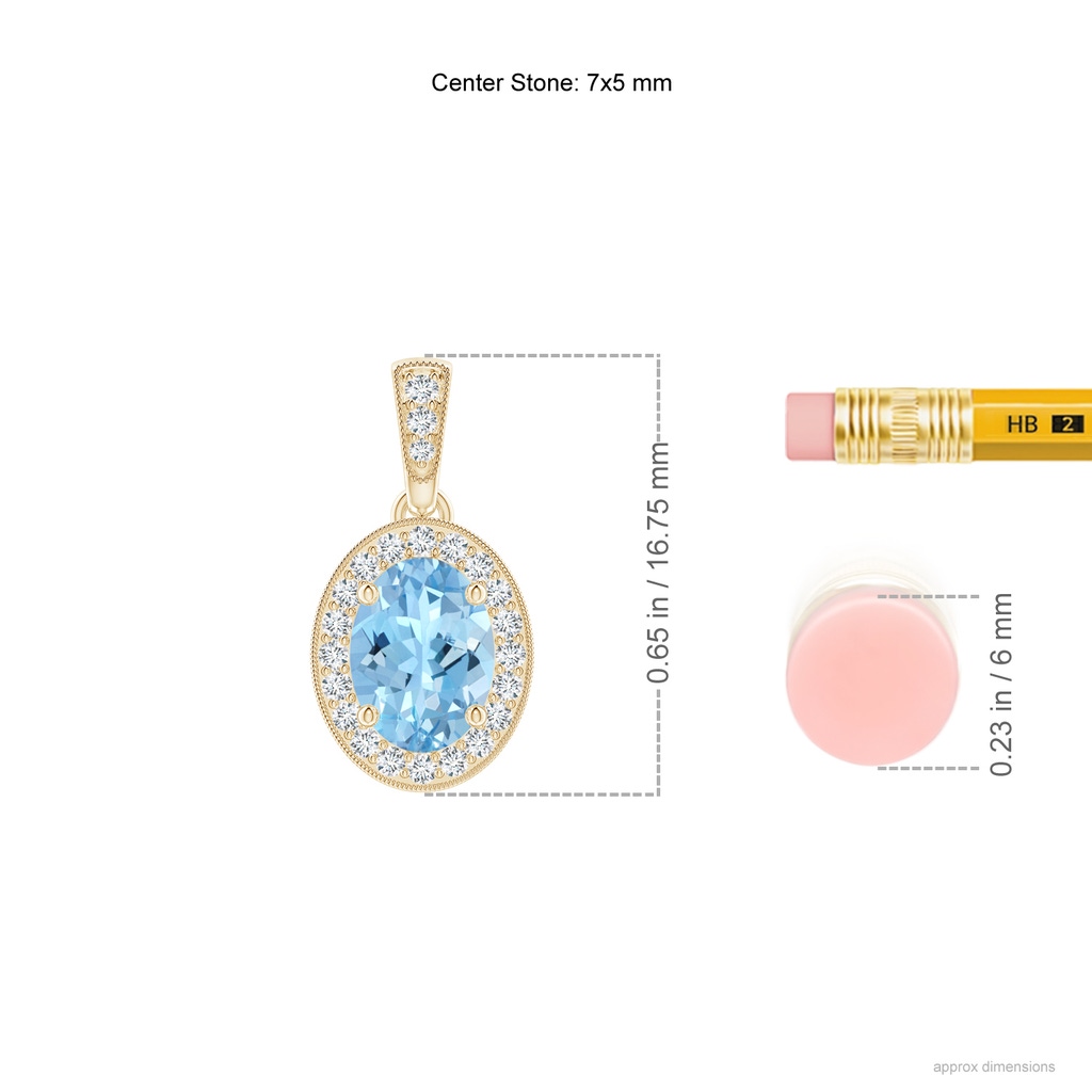 7x5mm AAAA Vintage Style Oval Aquamarine Pendant with Diamond Halo in Yellow Gold ruler