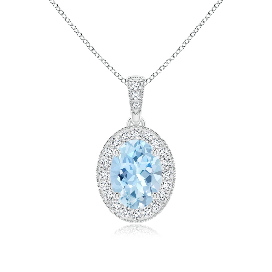 8x6mm AAA Vintage Style Oval Aquamarine Pendant with Diamond Halo in White Gold 