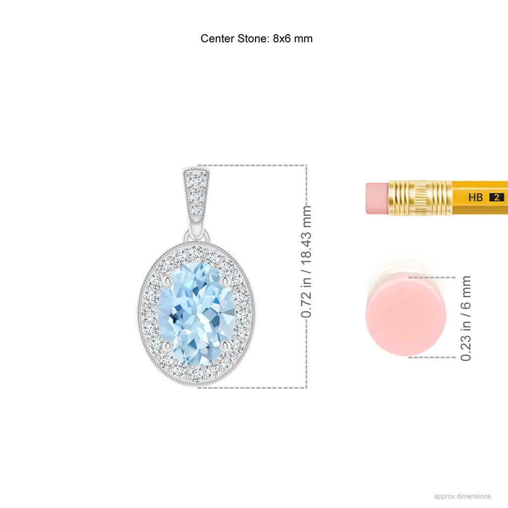 8x6mm AAA Vintage Style Oval Aquamarine Pendant with Diamond Halo in White Gold ruler