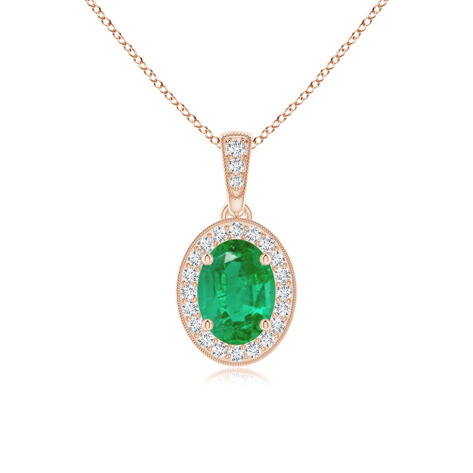 7x5mm AA Vintage Style Oval Emerald Pendant with Diamond Halo in Rose Gold 