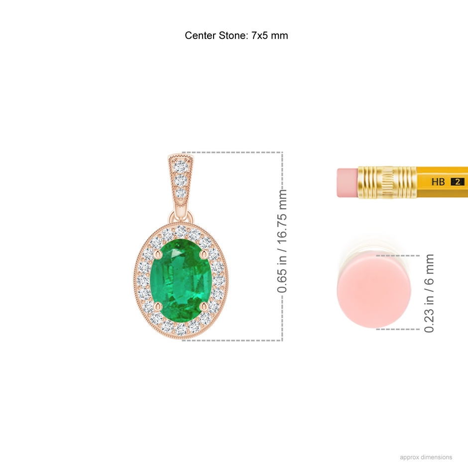 7x5mm AA Vintage Style Oval Emerald Pendant with Diamond Halo in Rose Gold ruler